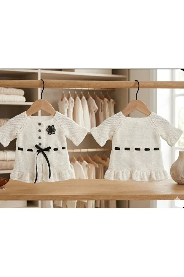 Детский кардиган для девочек хлопковый Hand-Knitted black ribbon baby girl cardigan Minohouse, White