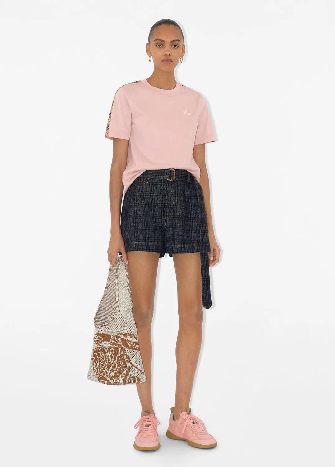 Футболка Burberry, женская, розовый, клетчатая отделка — фото 2