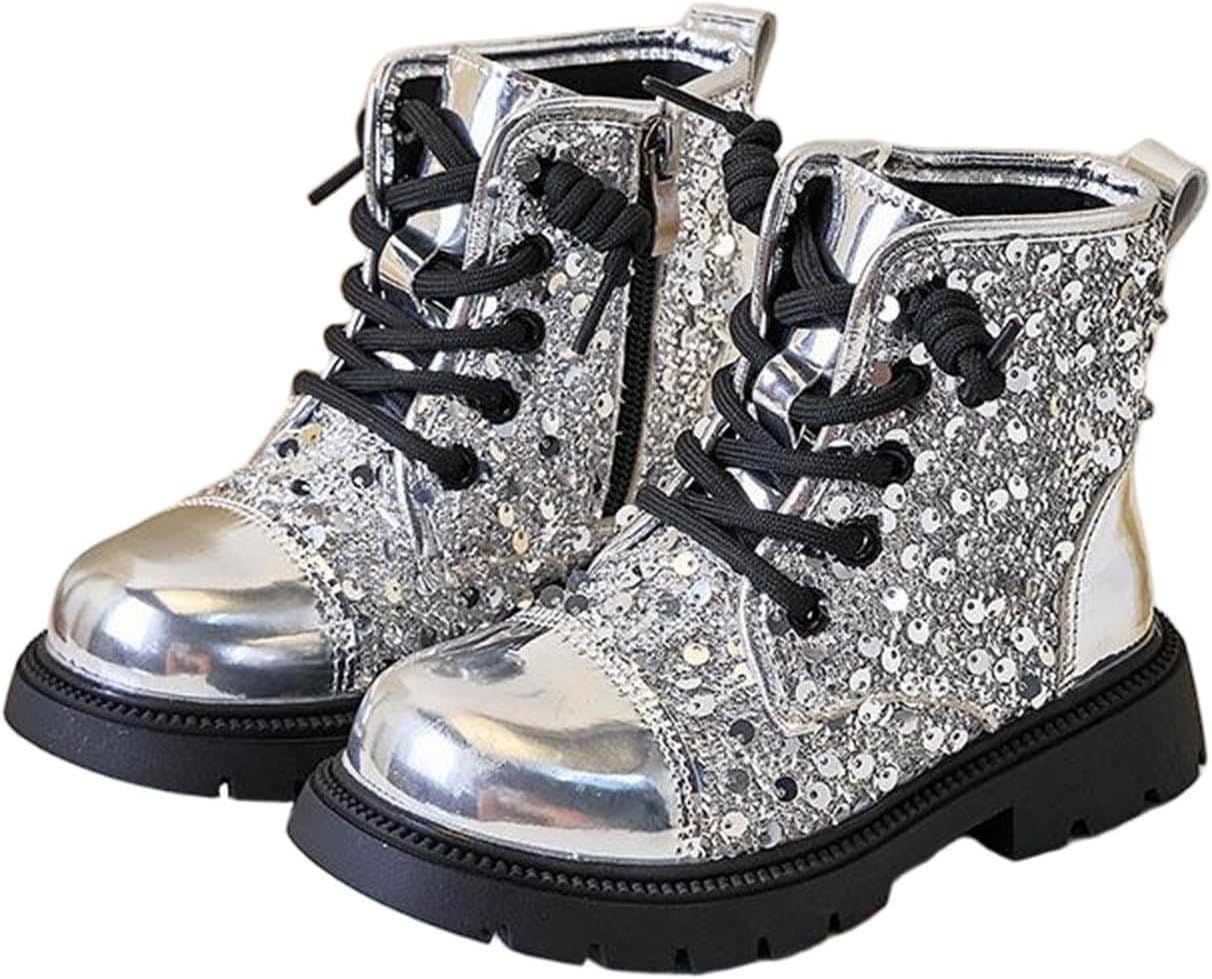 

Детские блестящие ботильоны для девочек с боковой молнией, модные праздничные ботинки с пайетками и шнуровкой для малышей и старших детей Generic, Silver