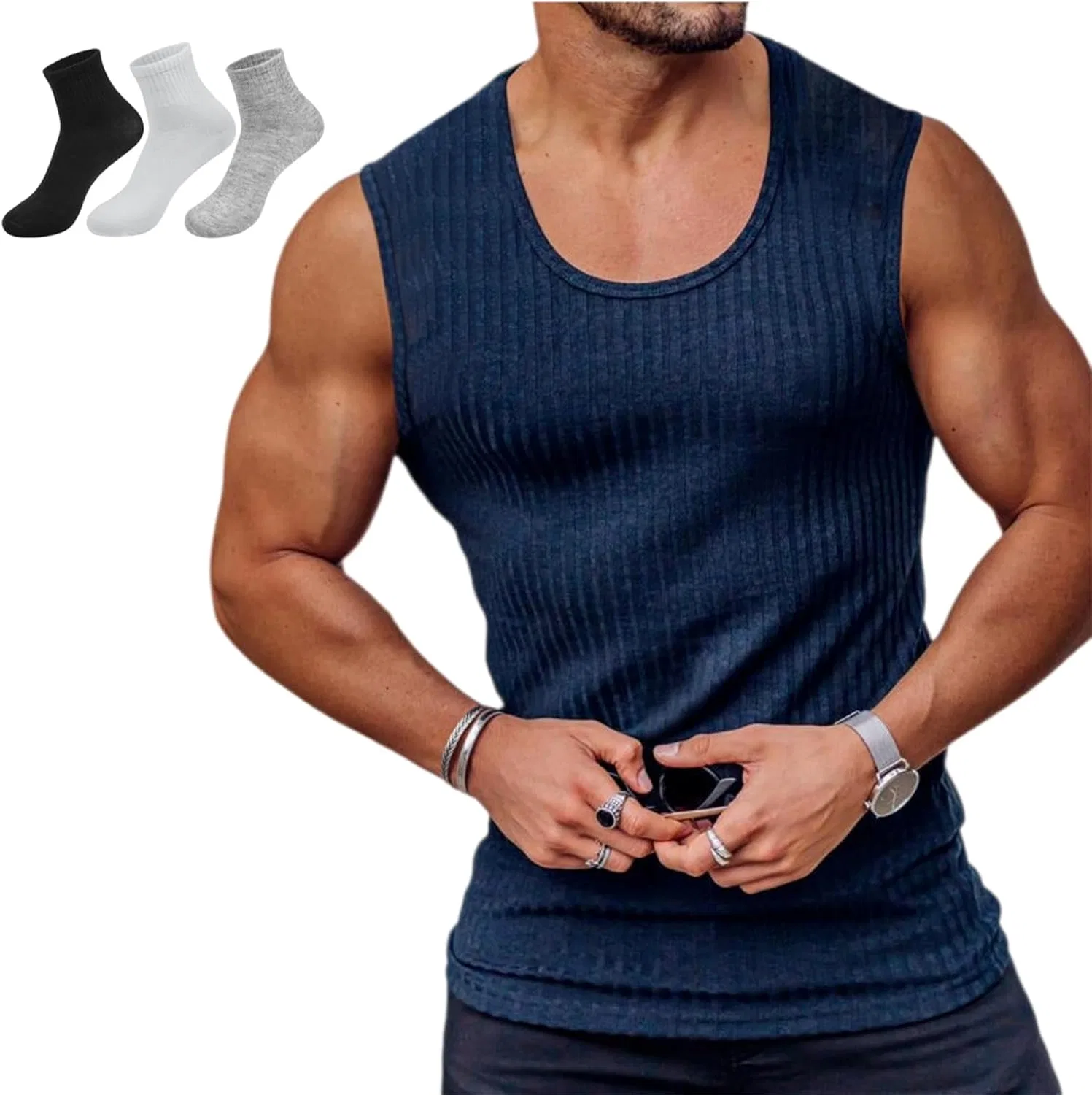 Мужской топ-безрукавка с широкими бретелями, хлопковый, ребристый, Navy Blue, S-4XL