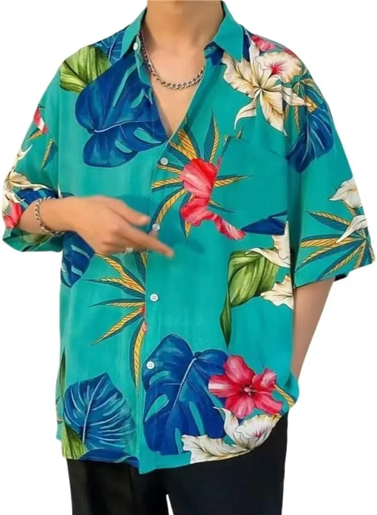 Мужская рубашка с коротким рукавом и тропическим принтом, Floral Print Turquoise — фото 2