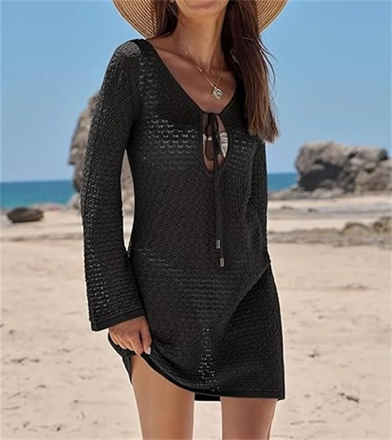 Женский пляжный халат с вырезом лодочкой Crochet, Black — фото 4