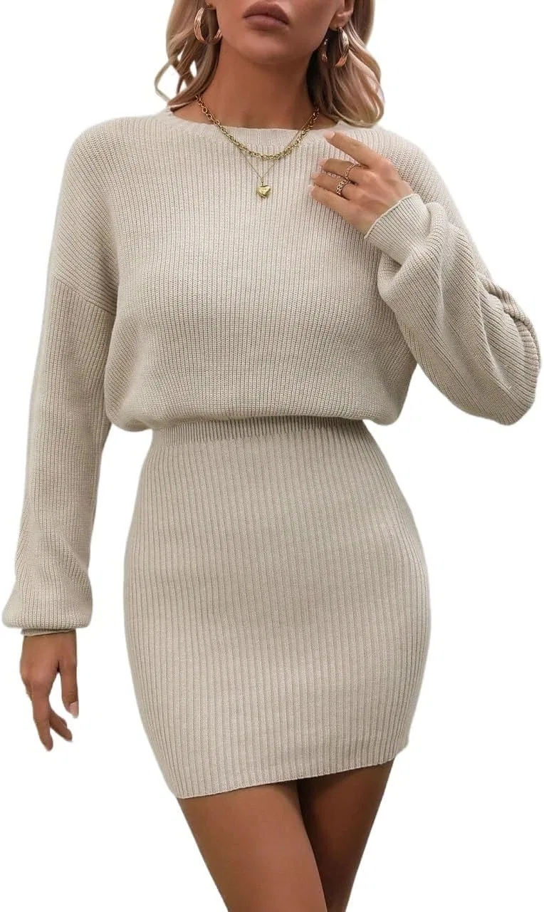 Женское трикотажное платье-свитер Solid Color, Apricot