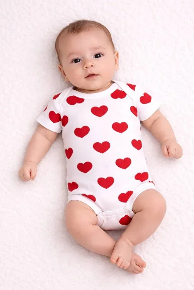 Детское боди для девочек с принтом Short sleeve heart patterned snap fastener bodysuit baby girl bodysuit Babytoo, White