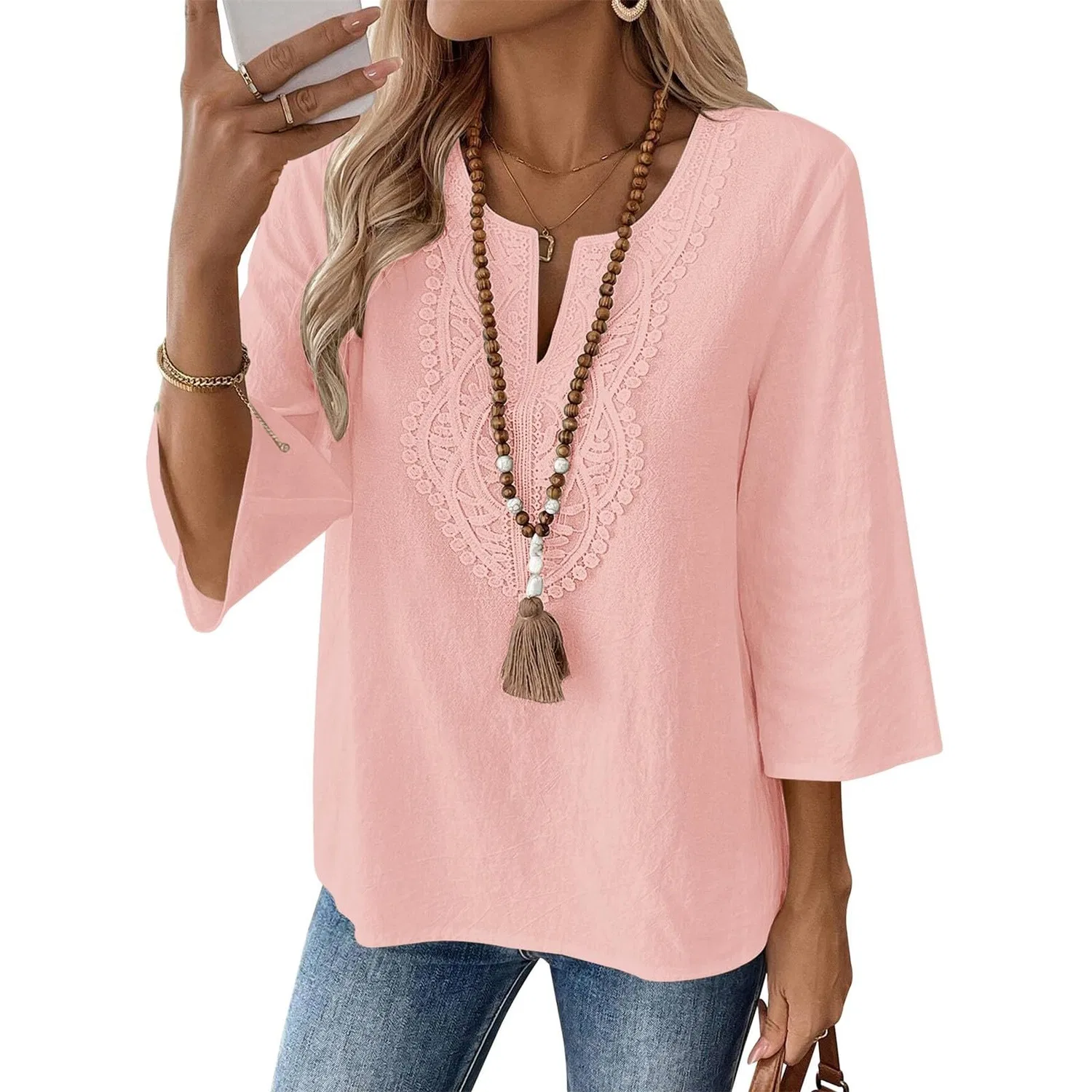 Женская льняная туника с вышивкой Retro 3/4 Sleeve Boho Casual Loose Fit Lightweight Summer Beach Blouse, D-pink