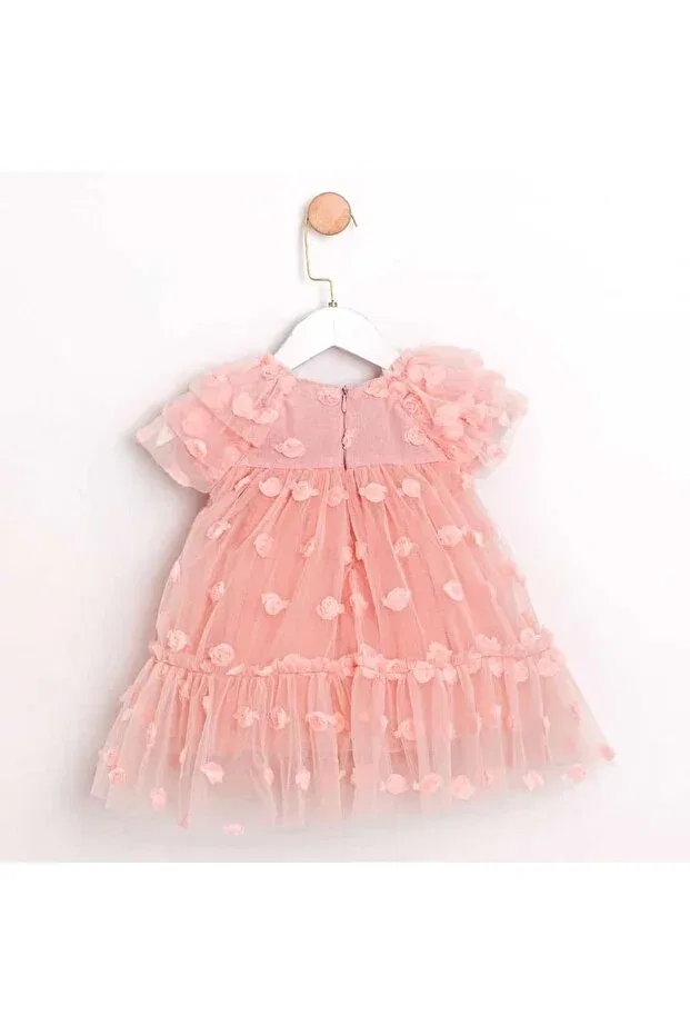 Детское платье для девочек с принтом Salmon color floral patterned tulle baby girl birthday and special occasion dress Pitababy, Pink — фото 3