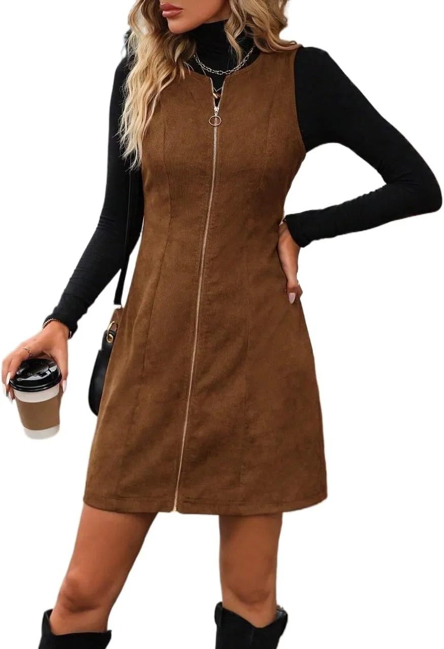 Женское короткое платье из вельвета на молнии Zip Up Overall Dress, Brown