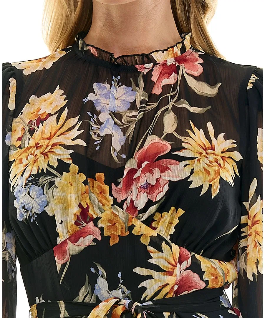 Платье с длинным рукавом и ярусной юбкой, модель Boat Neck Trixxi, Black Floral — фото 4