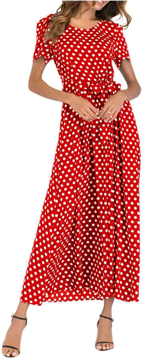 Женское летнее макси-платье в горошек с коротким рукавом, Red — фото 3