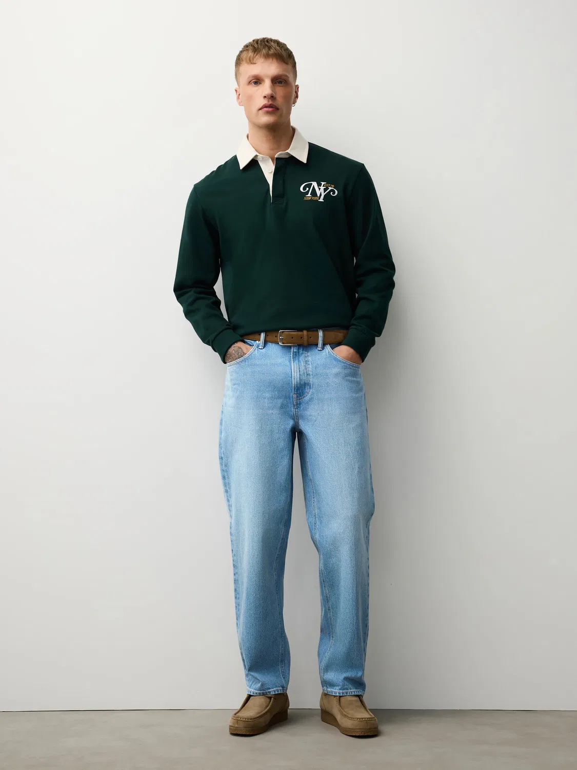 Джинсы расслабленные с поясом, Light Blue Denim Next