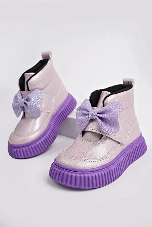 Детские ботинки для девочек на липучке с принтом (Arzen) mini thermo non-slip sole velcro bow tie casual children's comfortable boots powder Beyaz, Powder — фото 2