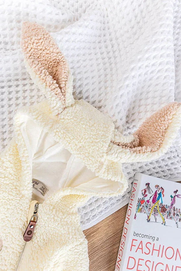 Детский комбинезон для малышей с капюшоном Rabbit Embroidered Hooded Welsoft Plush Winter Babymod, Cream — фото 3