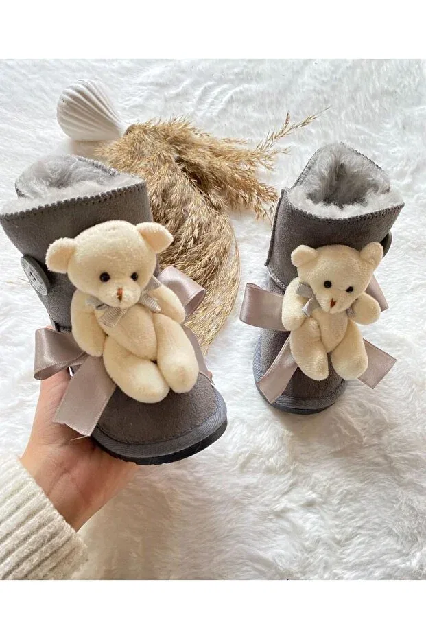 Детские ботинки для девочек с принтом Wool inside tan suede buttoned boots with teddy bear accessories (order minimal 1 large) Portakal Bebek, Gray