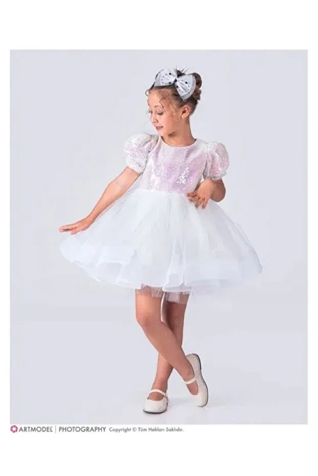 Детское платье для девочек с пайетками Tutu Green Skirted Girl's Sequined Short Sleeve Kikidi Dress Esterella, White
