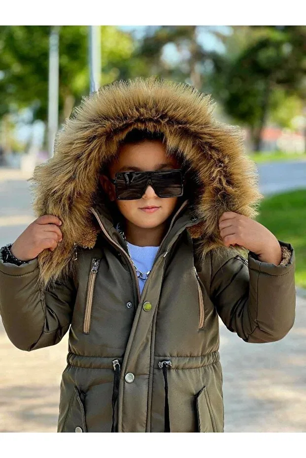 Детское пальто для девочек с капюшоном Fur-Lined coat with detachable hood Tunay Moda, Khaki — фото 3