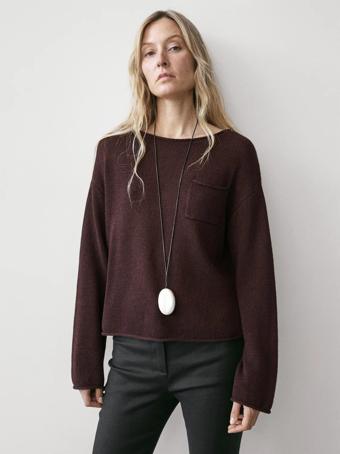 Вязаный свитер из хлопка и льна с карманами Massimo Dutti, коричневый — фото 2