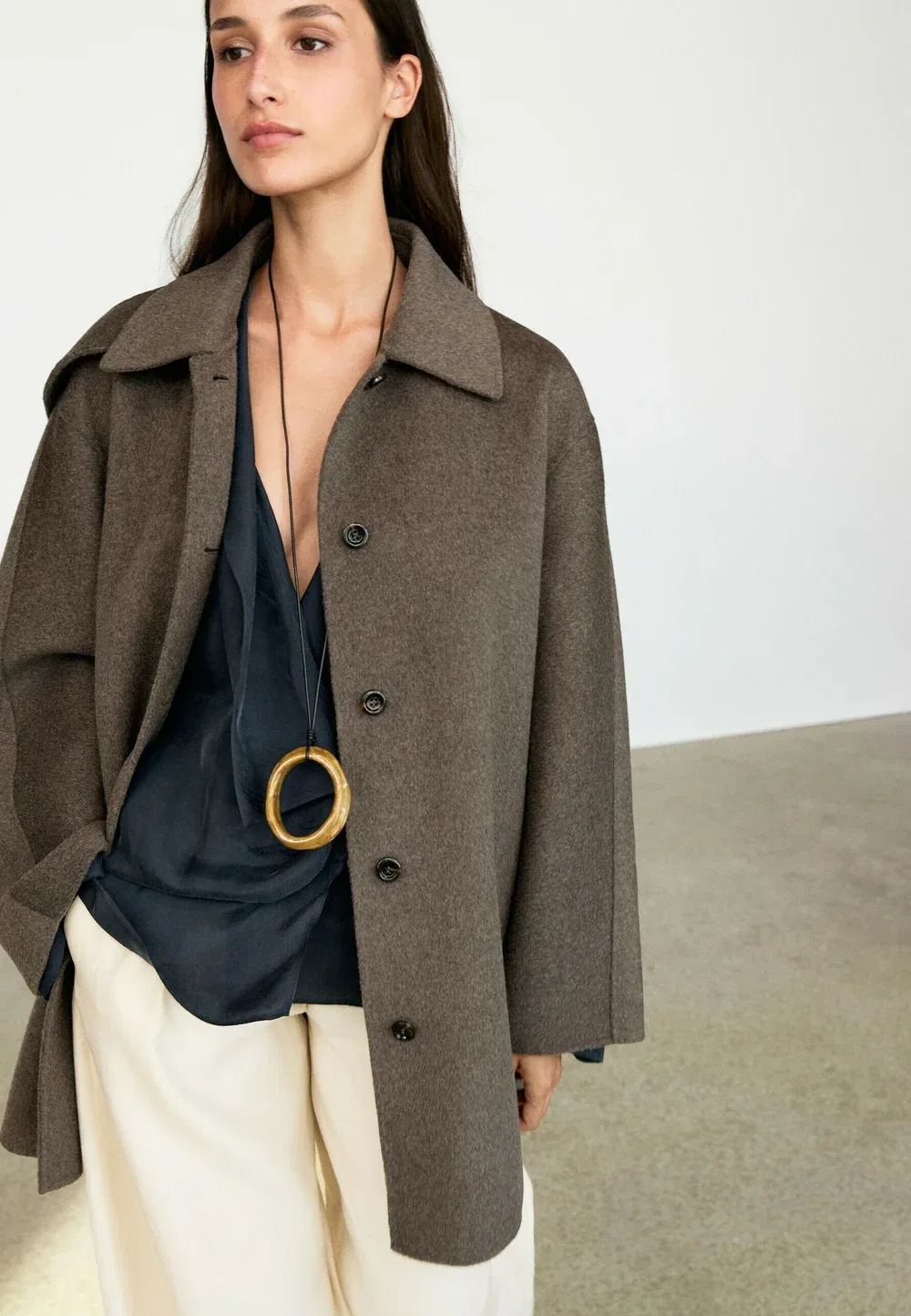 Пальто из меланжевой шерстяной смеси - короткое пальто Massimo Dutti, Mottled Dark Brown — фото 3