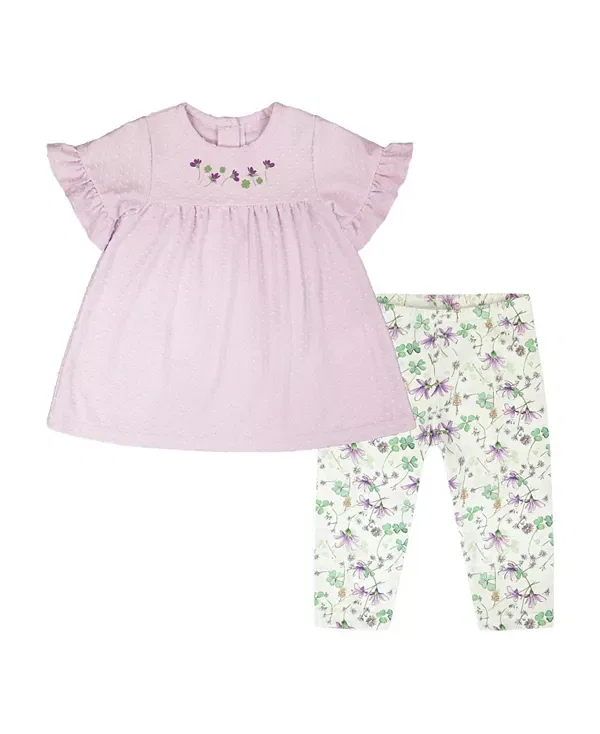 Детский комплект для девочек с цветочным принтом Jersey Tunic And Cotton Capri Flowers Set Deux Par Deux, Lavender/Green Printed Flowers
