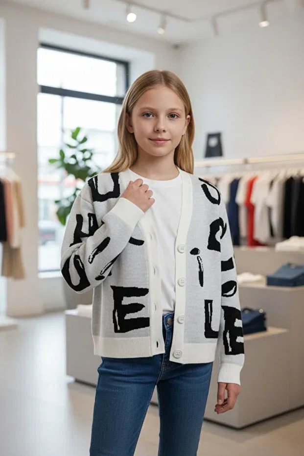 Детский вязаное кардиган для девочек с принтом Girl'S letter patterned knitwear cardigan Minimoda Kids, Ecru