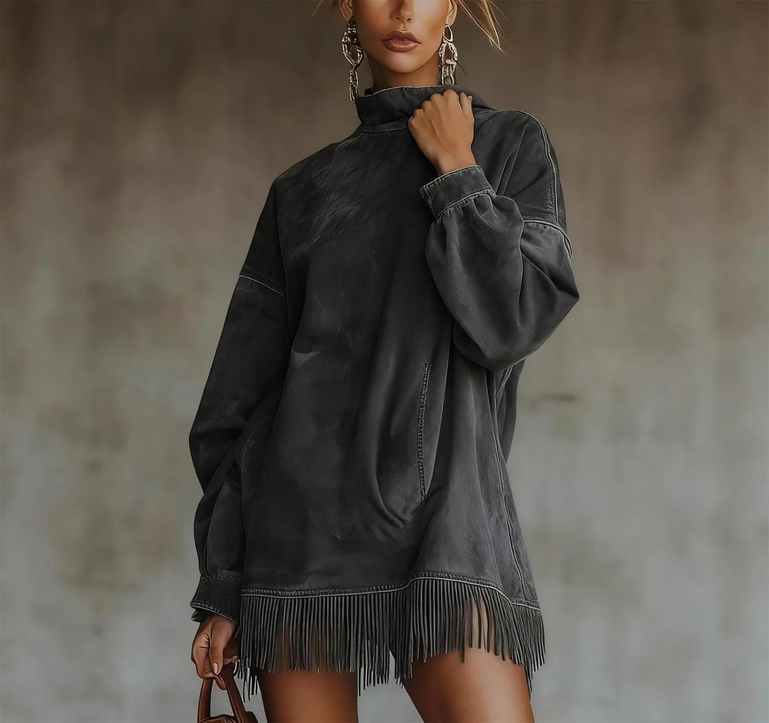 Женское платье мини с бахромой и высоким воротом, Black — фото 2