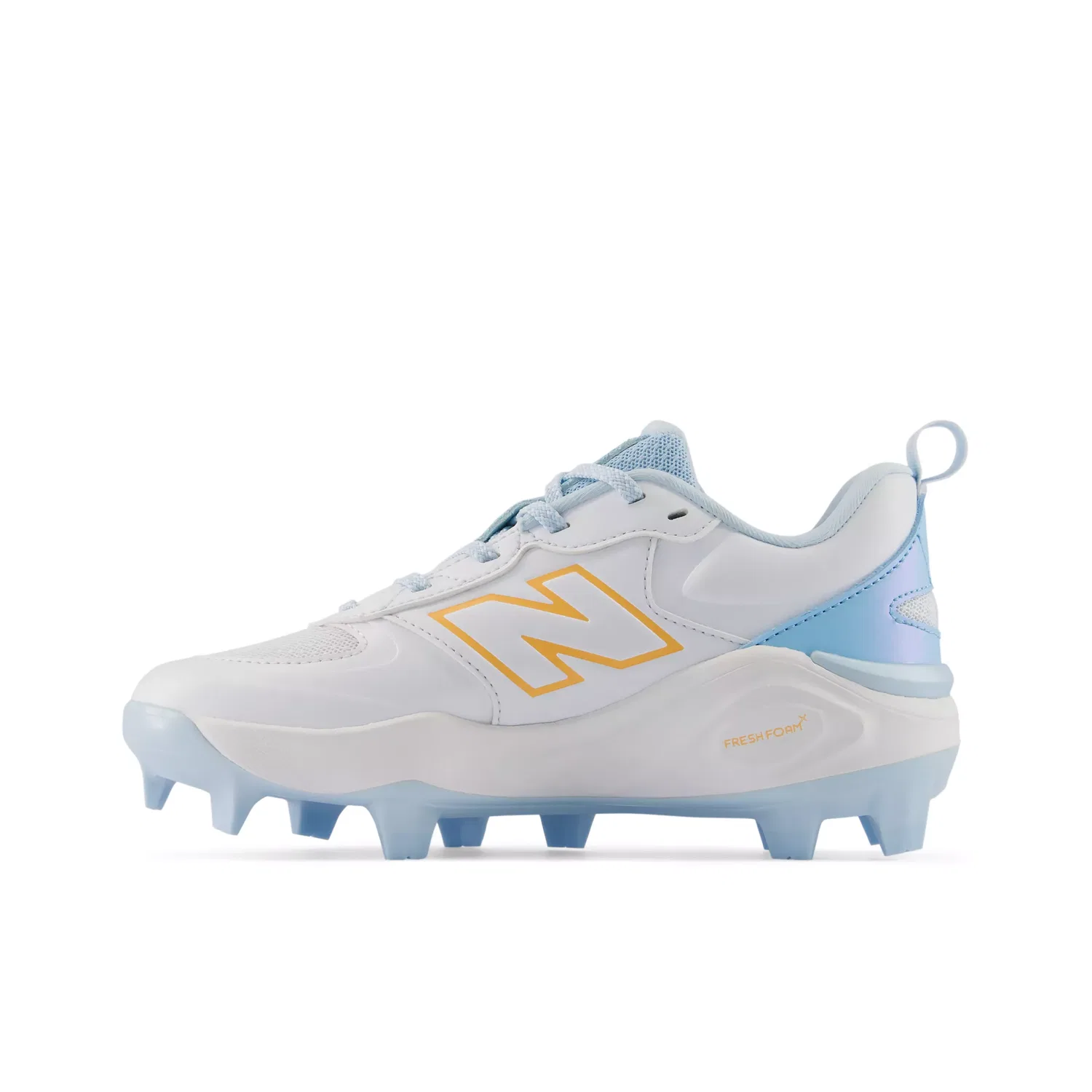 Детские бутсы для софтбола с шнуровкой Velo v5 New Balance, White With Team Sky Blue And Gold — фото 3