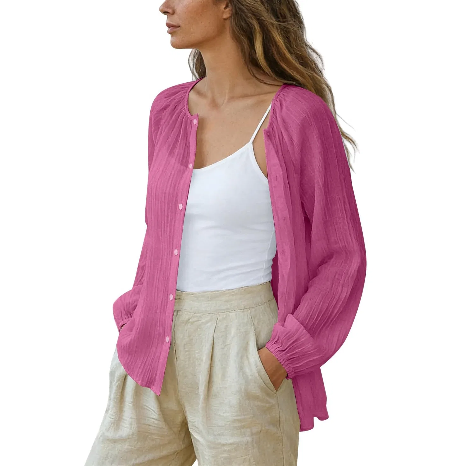 Женская блузка из хлопка и льна с длинным рукавом, Hot Pink — фото 4