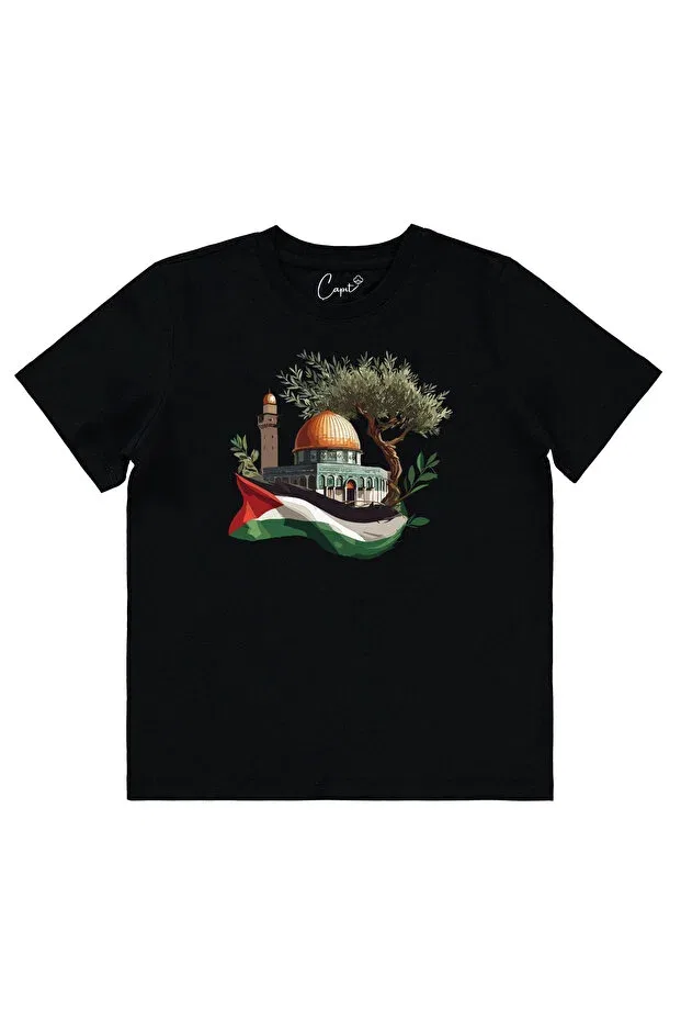 Детская футболка для мальчиков с принтом Cotton lu palestine jerusalem printed black short sleeve children's t-shirt Çapıt, Black