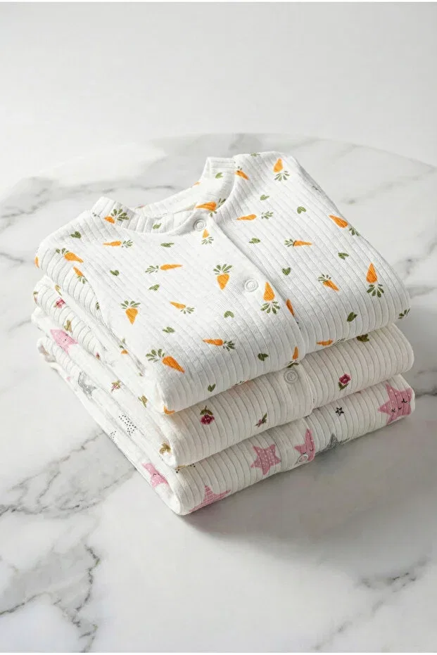 Детский комплект боди-комбинезонов из хлопка Ribbed Star Carrot and Floral Pattern Noone, 17 — фото 4