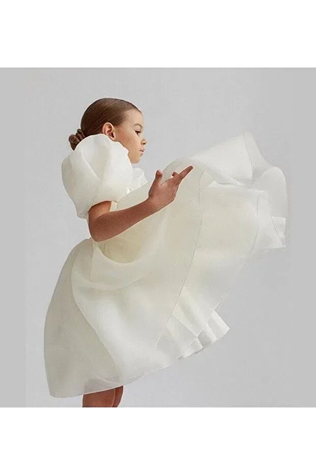 Детское платье для девочек с коротким рукавом-фонарик Miço Kids, White — фото 2
