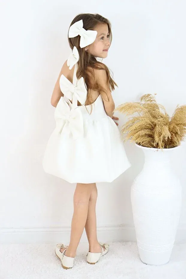 Детское платье для девочек с принтом Special Day Balloon Skirt with Bow Detail Star Gogo Kids, Ecru — фото 2