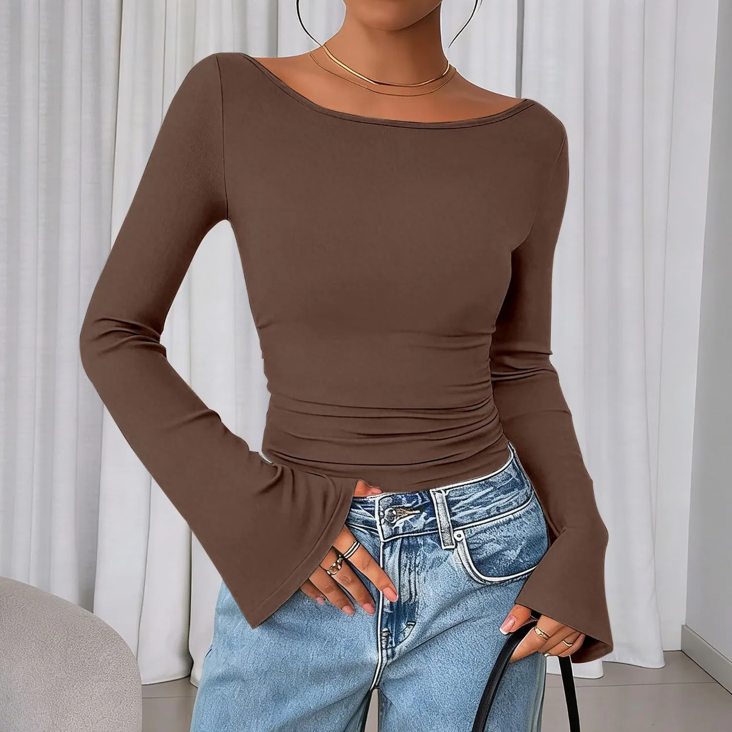 Женский джемпер с рукавом-колокол и лодочкой, модель Elegant Boat Neck Bell Sleeve, Brown — фото 2