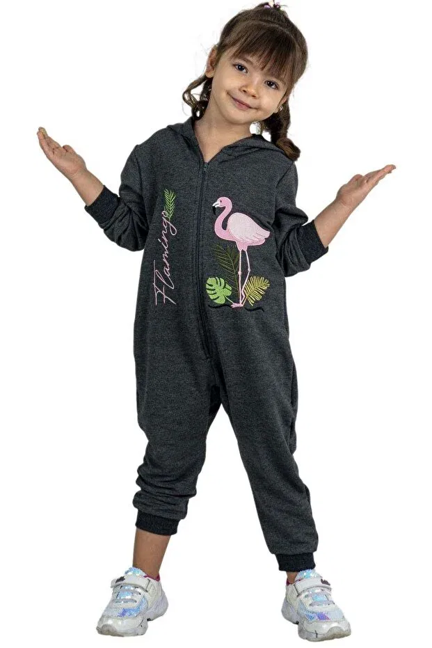Детский комбинезон для девочек с принтом Flamingo printed baby girl smoked jumpsuit with zipper front and hood Riccotarz, Smoke Grey