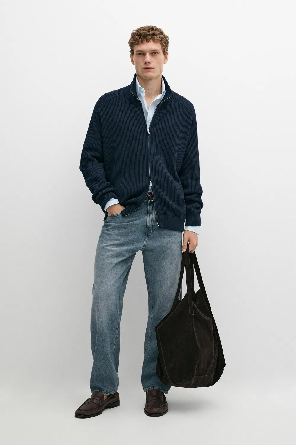 Кардиган Massimo Dutti 100% Cotton Ribbed Knit, темно-синий — фото 3