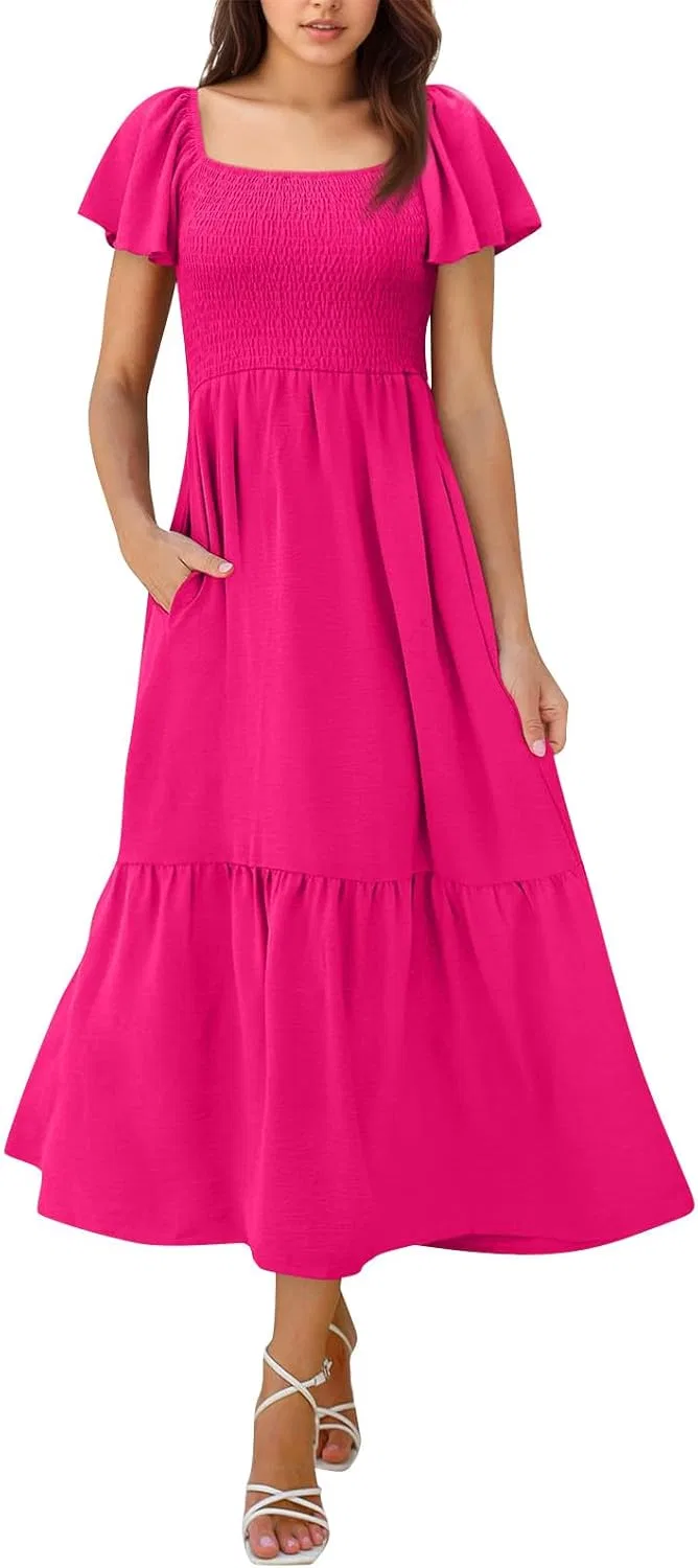 Женское платье макси с квадратным вырезом Flutter Sleeve, Hot Pink