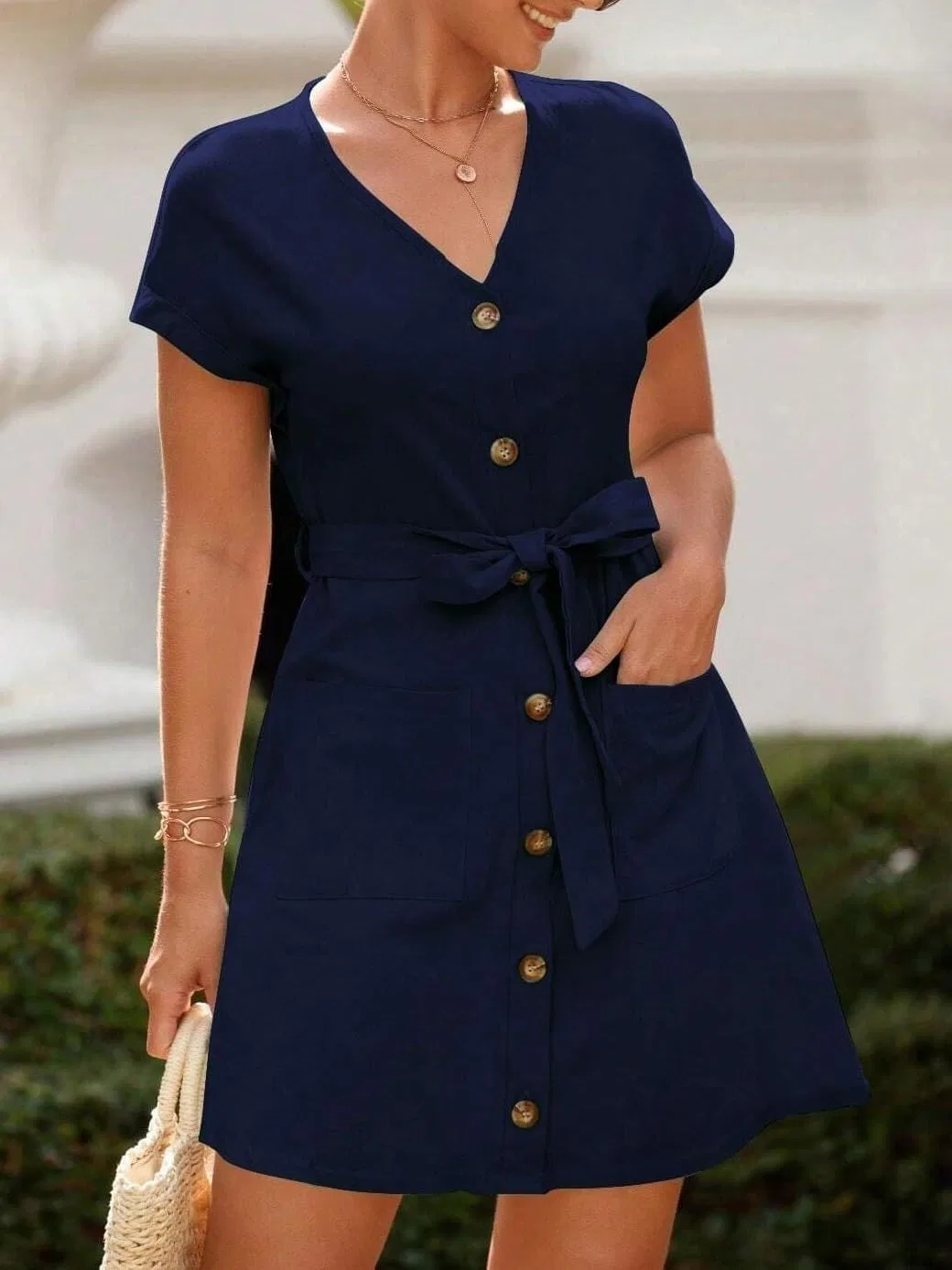 Женское повседневное A-силуэта платье с поясом, Navy Blue — фото 4