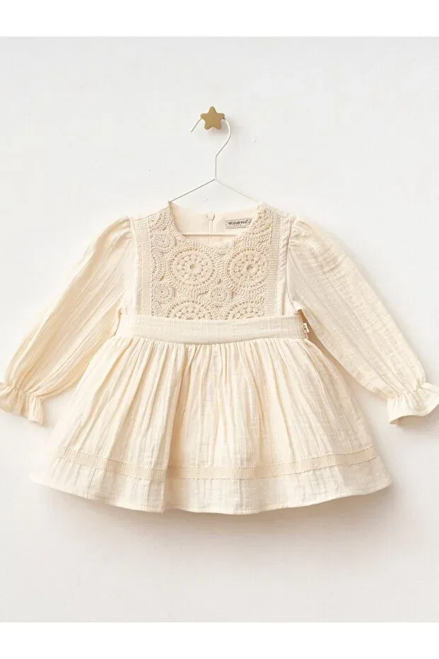 Детское платье для девочек кружевное Robasi ring lace muslin dress Cherrys Bebek, Cream — фото 2