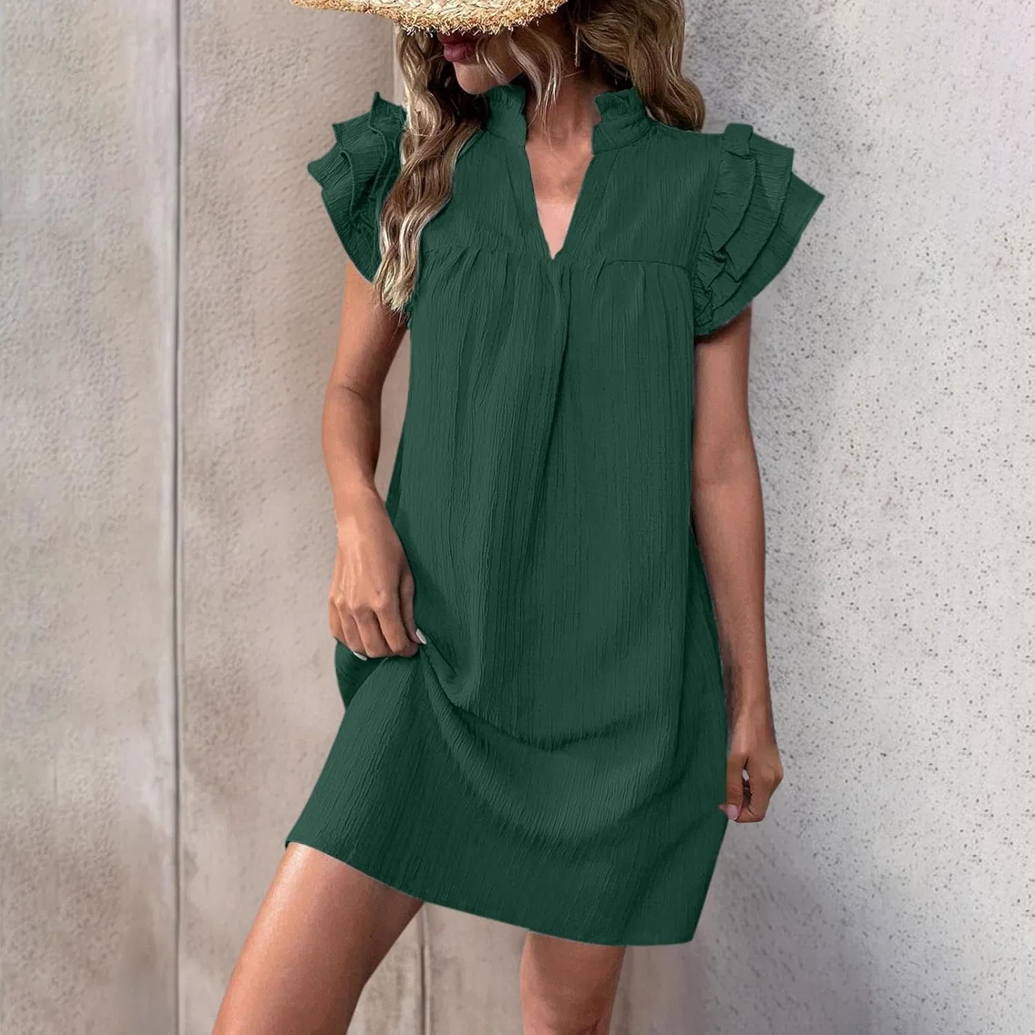 Женское летнее мини-платье с рюшами и V-образным вырезом, A-line, Army Green — фото 2