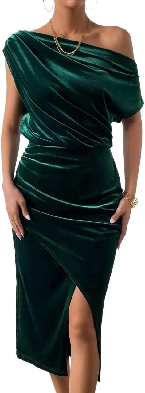 Женское миди-платье с асимметричным вырезом, Dark Green