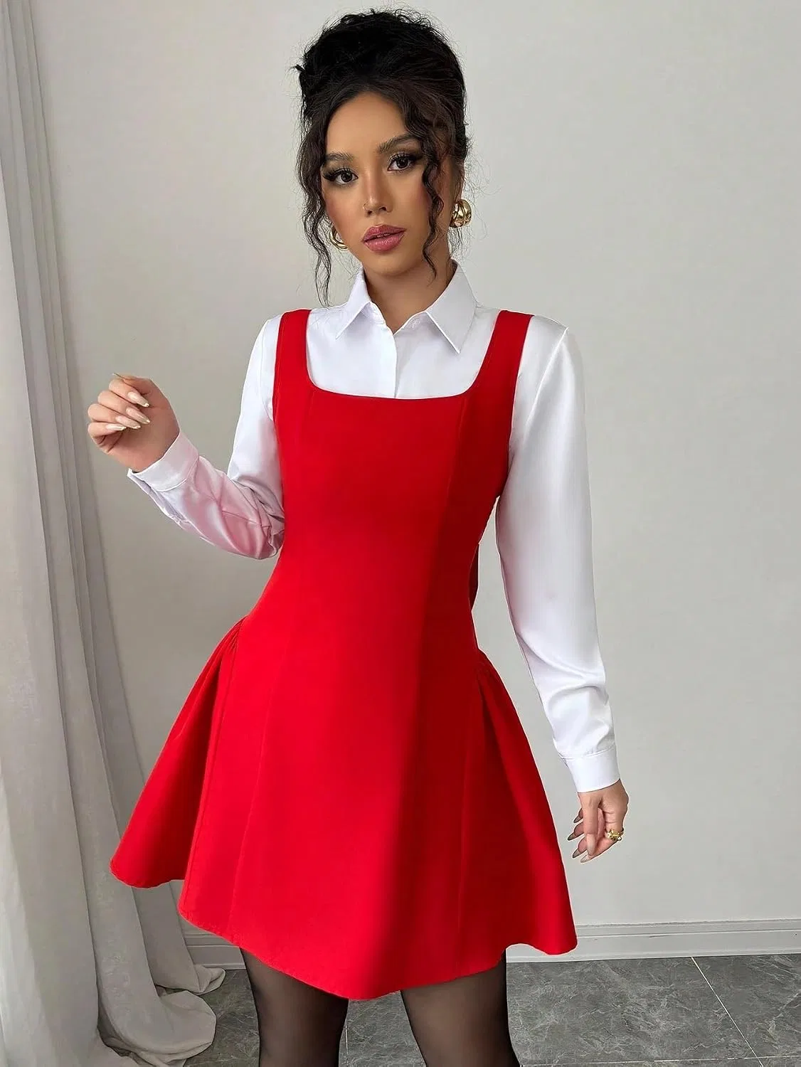 Женское повседневное платье с квадратным вырезом A-силуэта, Red — фото 3