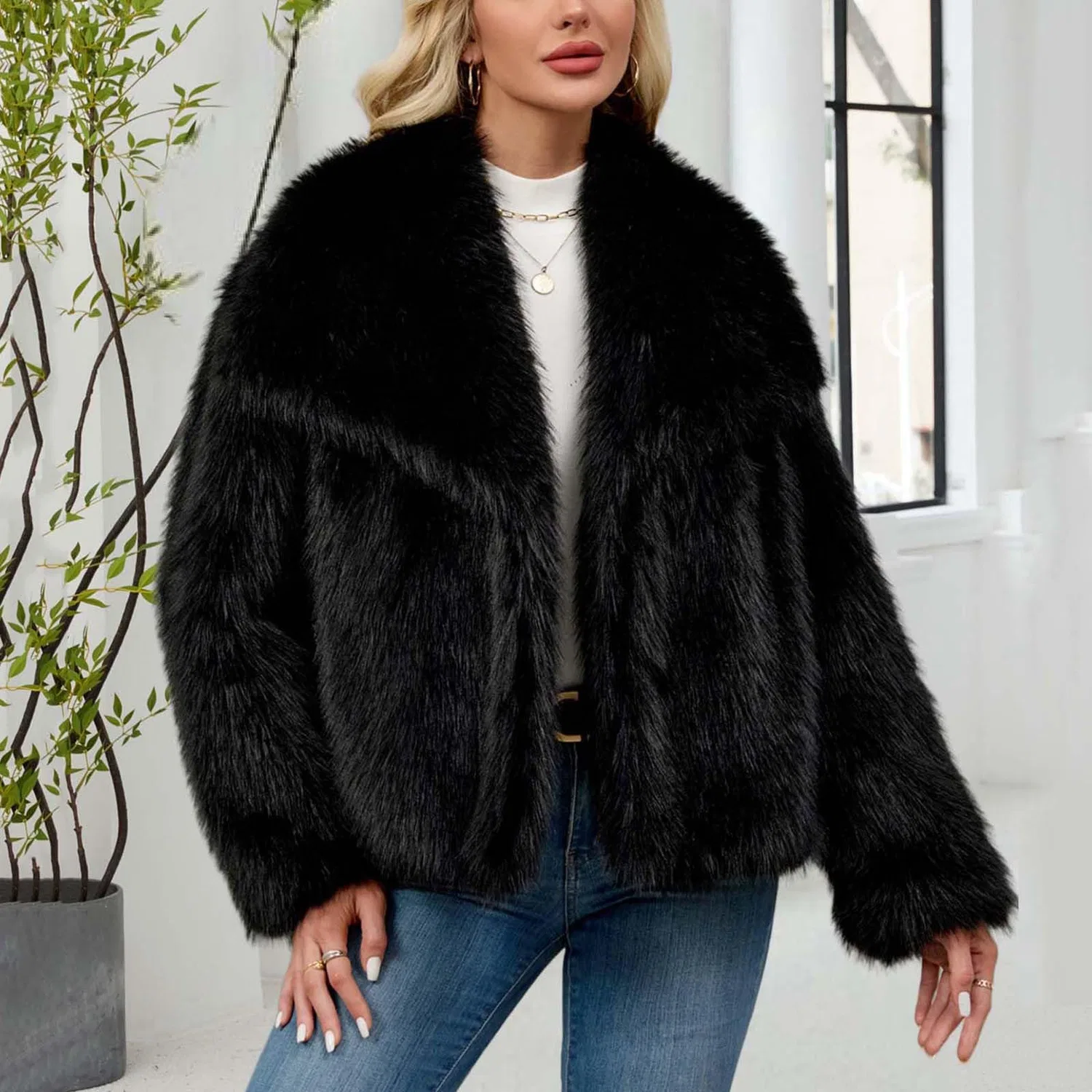 Женское пальто с длинным рукавом Winter Coats Women UK Short Faux Fur Jacket, B nero — фото 3