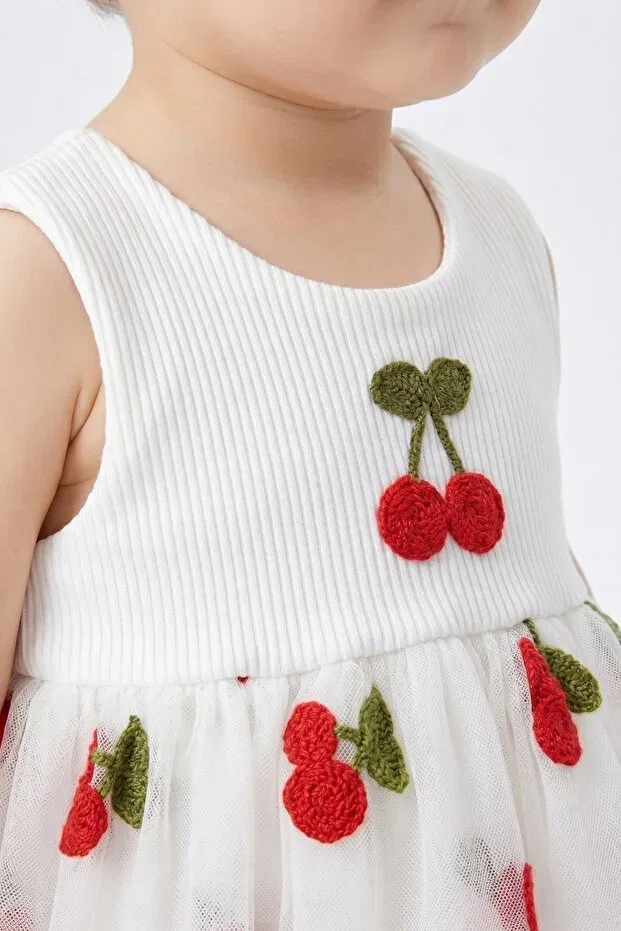 Детское платье для девочек хлопковое Cherry Detailed Tulle Snap-On Dress Muhino, White — фото 3
