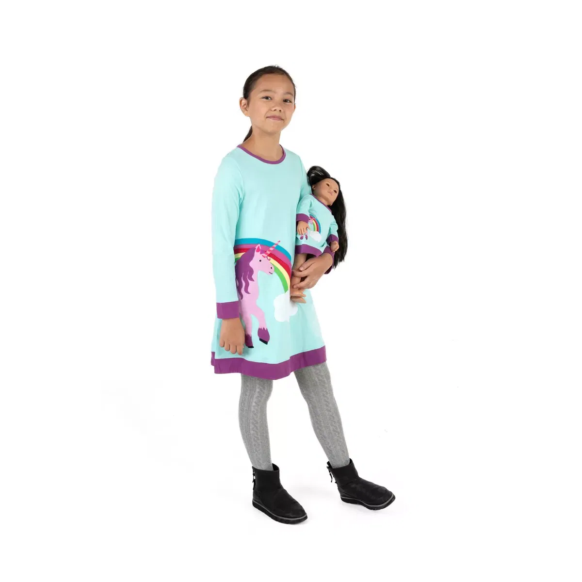 Детское платье для девочек хлопковое с длинным рукавом Girl and Doll LEVERET, Aqua Unicorn