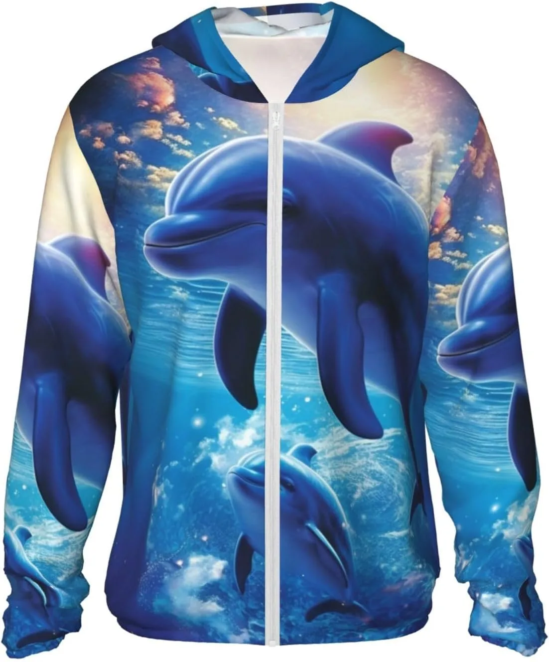 

UPF 50+ легкая куртка на молнии с капюшоном для защиты от солнца, с длинным рукавом и принтом дельфинов LHBWCVN