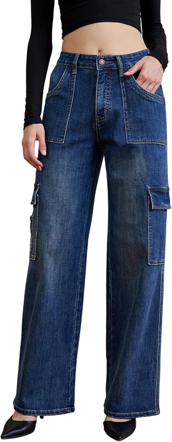 

Женские джинсы с карманами в стиле карго, прямые широкие Menbnua
