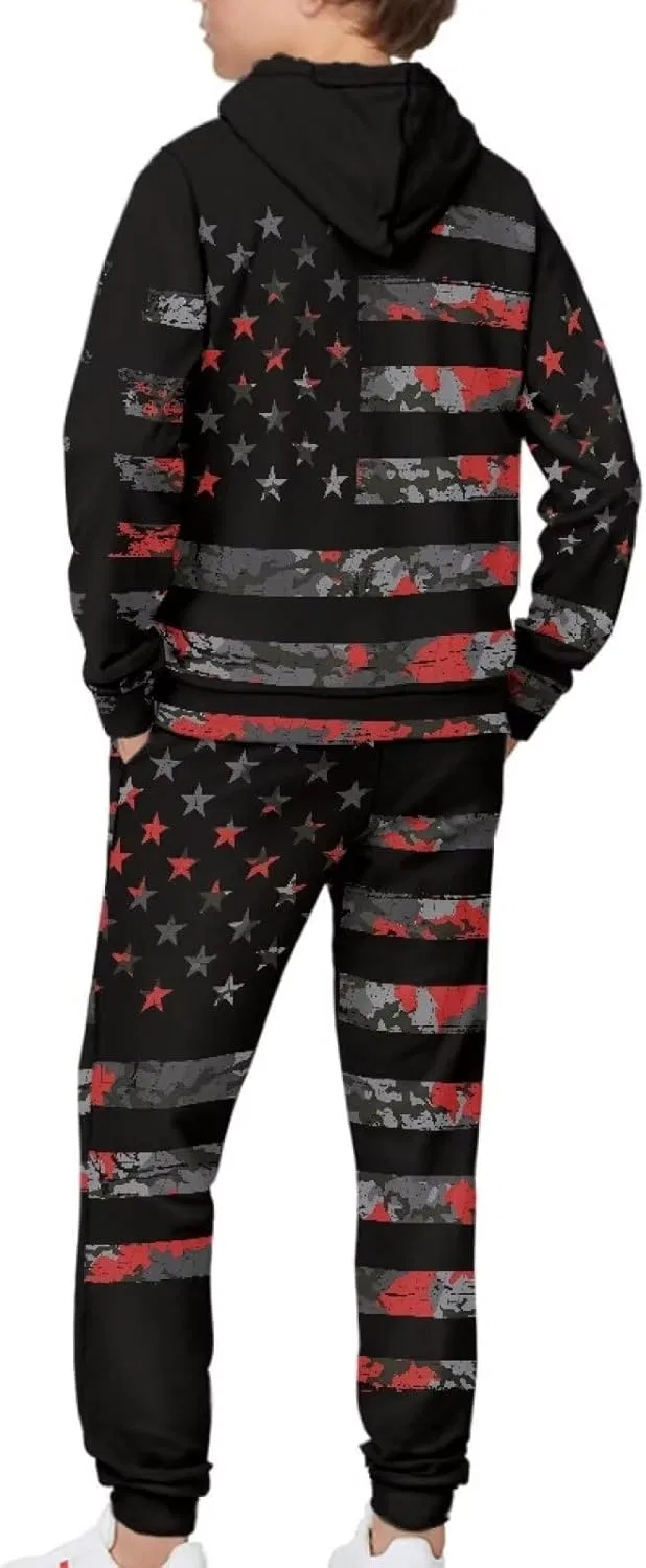 Детский спортивный костюм Graphic Long Sleeve Hoodies and Sweatpants Set, Gray American Flag Patternss — фото 4