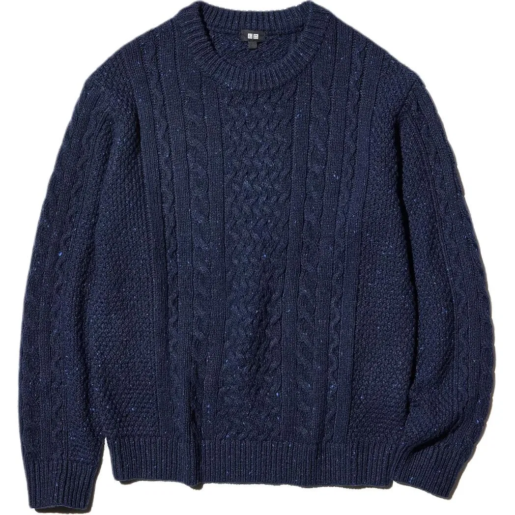 Мужской свитер с круглым вырезом, утепленный, прямого кроя, UNIQLO, 69 Marine Blue