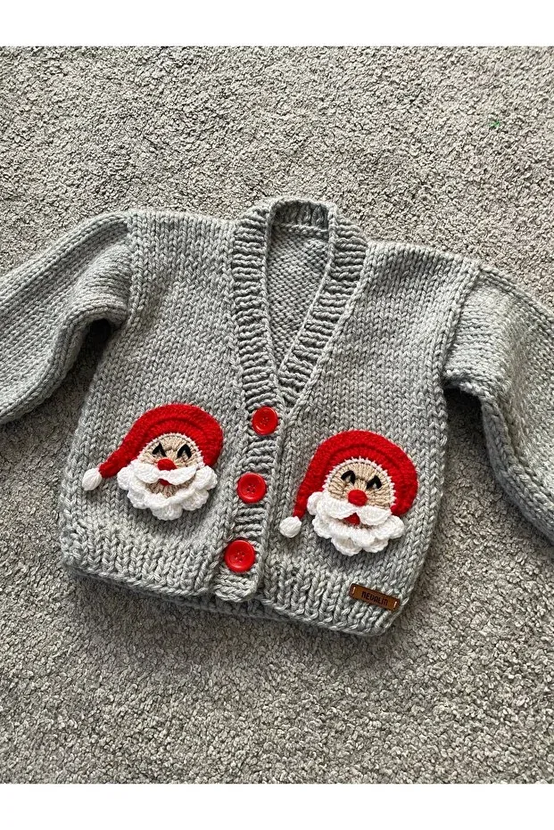 Детский кардиган с новогодним принтом Hand knitted christmas santa claus figured children's unisex cardigan Nevalin, Gri