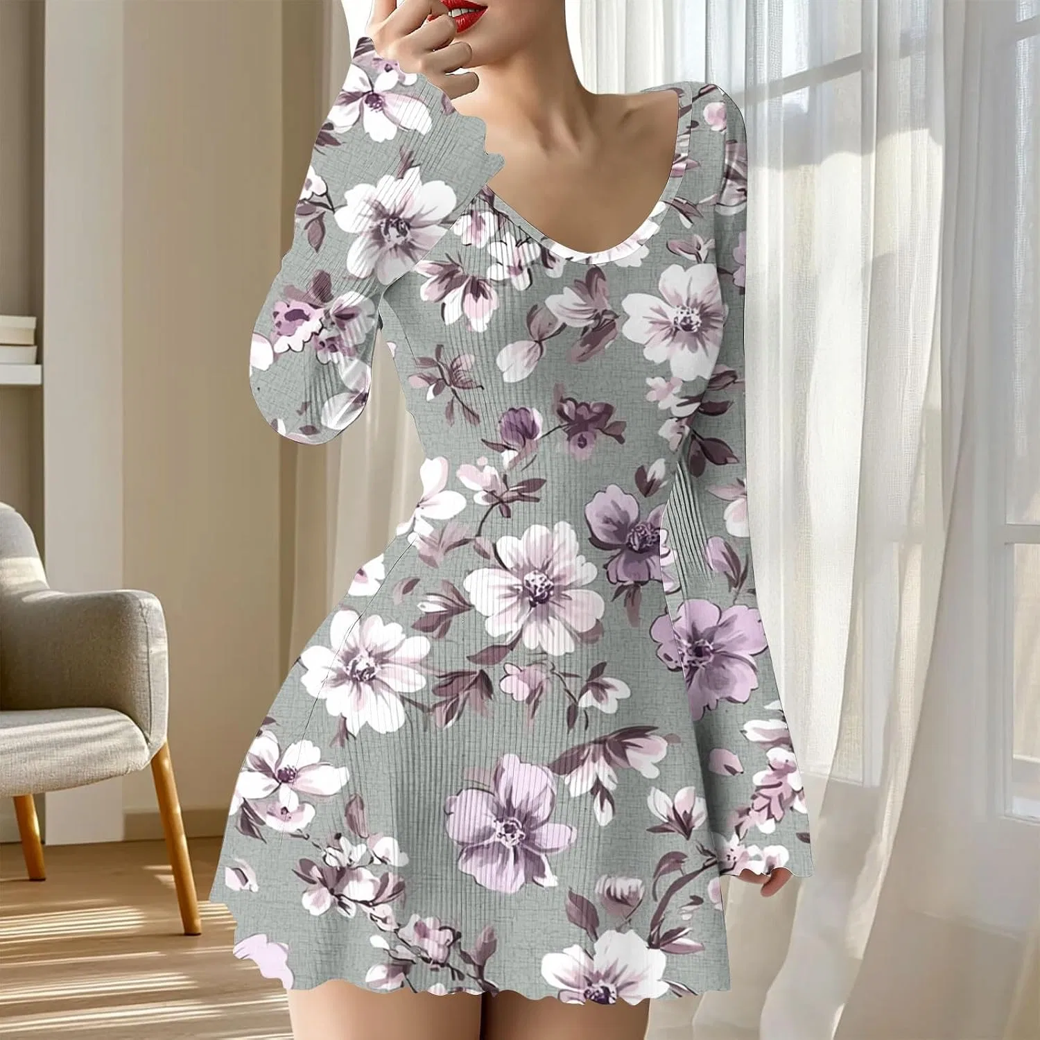 Женское мини-платье с длинным рукавом и круглым вырезом, Gray — фото 2