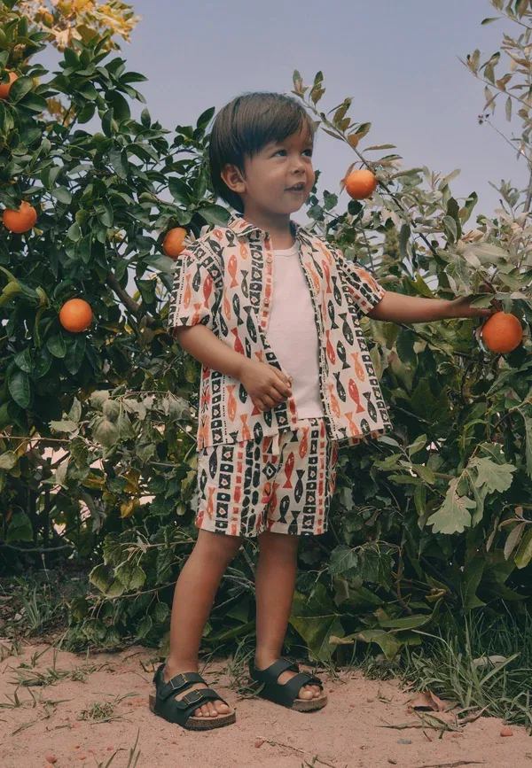 Комплект из рубашки и шорт с принтом, Animals, Regular fit - short sleeve aop shirt and shorts set, Next, Ecru all over print fish, экрю