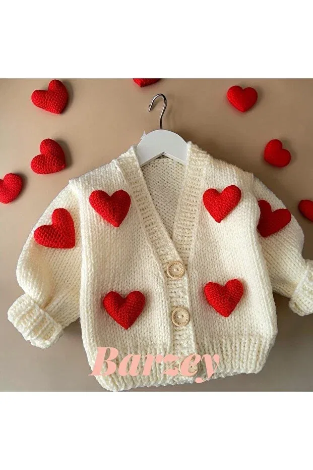 Детский кардиган для новорожденных с сердечками Hearted baby cardigan El Örgüsü, Nude Color — фото 2